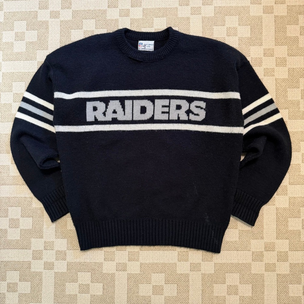 Vintage Cliff Engle NFL Raiders Knit Sweater Mens Small Black Spellout 80s 90s